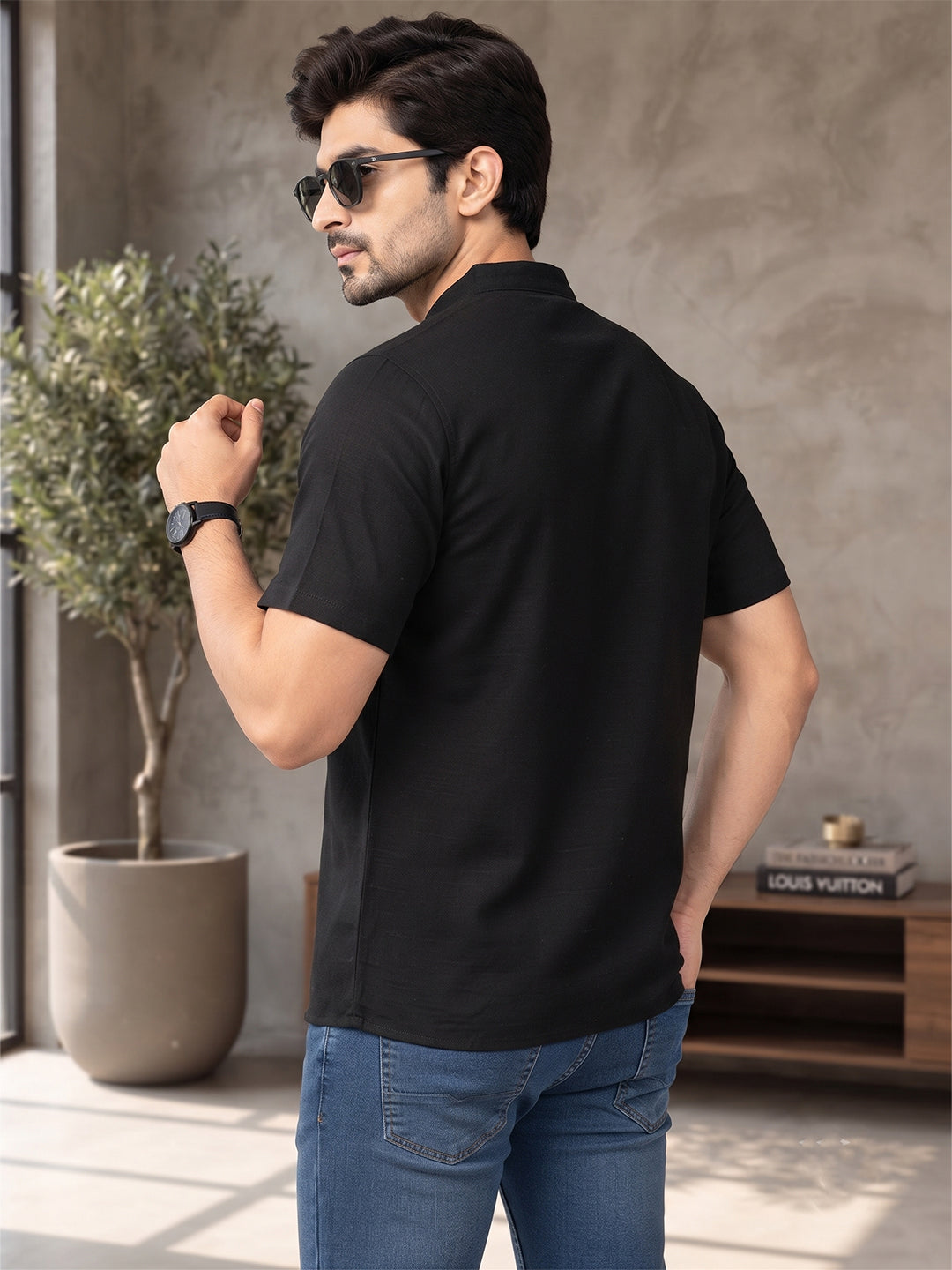 VORA LABEL Men’s Cotton Blend Mandarin Collar Half Kurta | Short Sleeve Solid Casual Wear