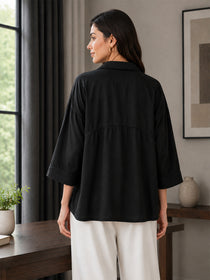 VORA LABEL Women’s Black Viscose Shirt Style Top | Collared Neck Full Sleeve Relaxed Fit Tunic | Elegant Casual Wear