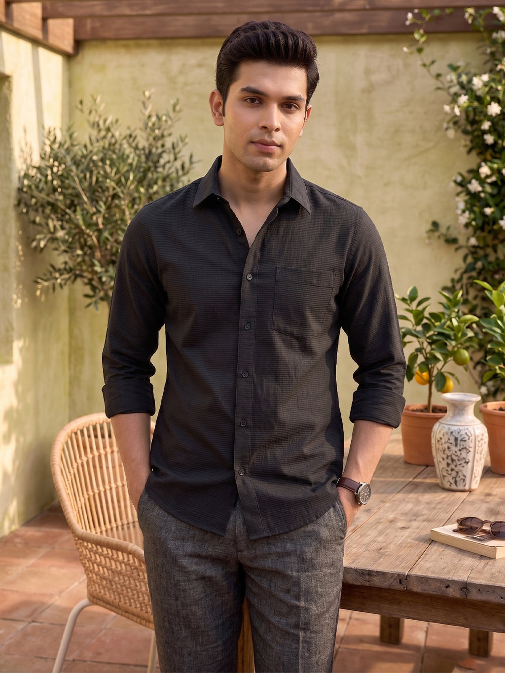 VORA LABEL Men Cotton Solid Regular Fit Spread Collar Full Sleeve Casual Shirt - Black