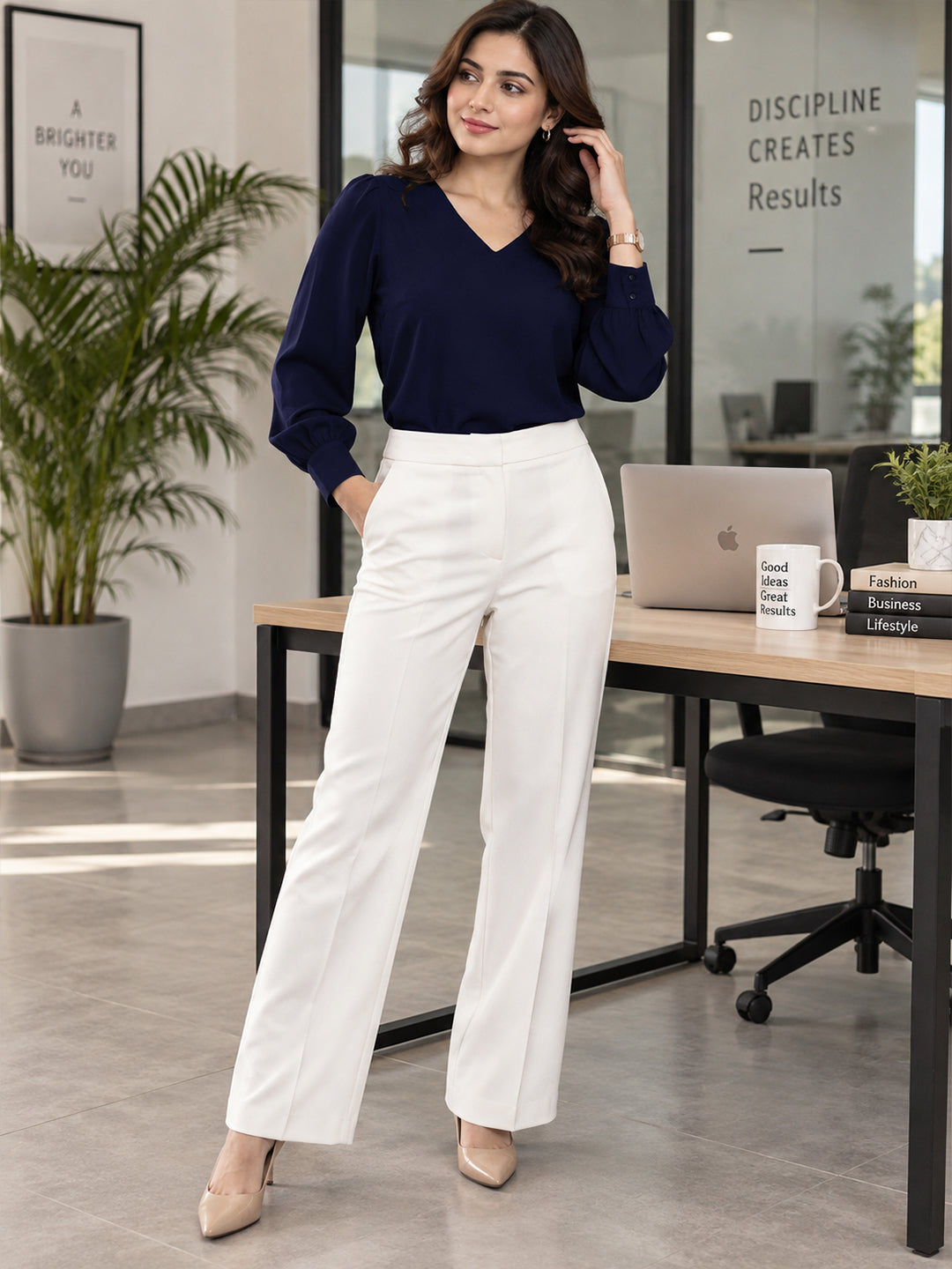 VORA LABEL Women's Premium Navy Blue Crepe V-Neck Top with Full Sleeves | Elegant Formal & Casual Wear Blouse Main image