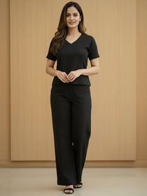 VORA LABEL Women Linen Solid Relaxed Fit Co-ord Set - Black