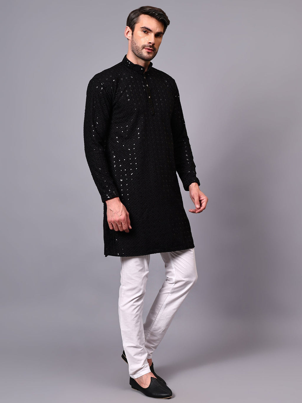 VORA LABEL Men Rayon Schiffli Chikankari Floral Printed Long Kurta Set - Pista