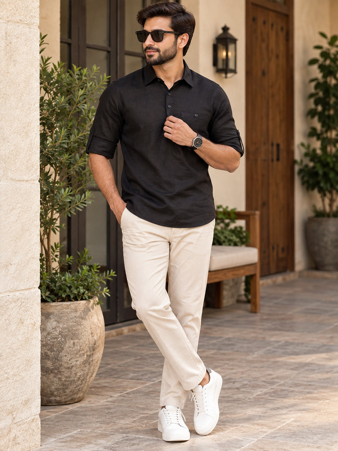 VORA LABEL Men’s Cotton Blend Solid Kurta | Mandarin Collar Full Sleeve Kurta with Pocket | Casual & Festive Wear