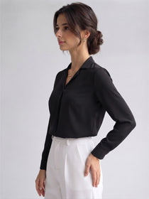 VORA LABEL Women's Black Crepe Shirt | Elegant Full Sleeve Collared Top for Women