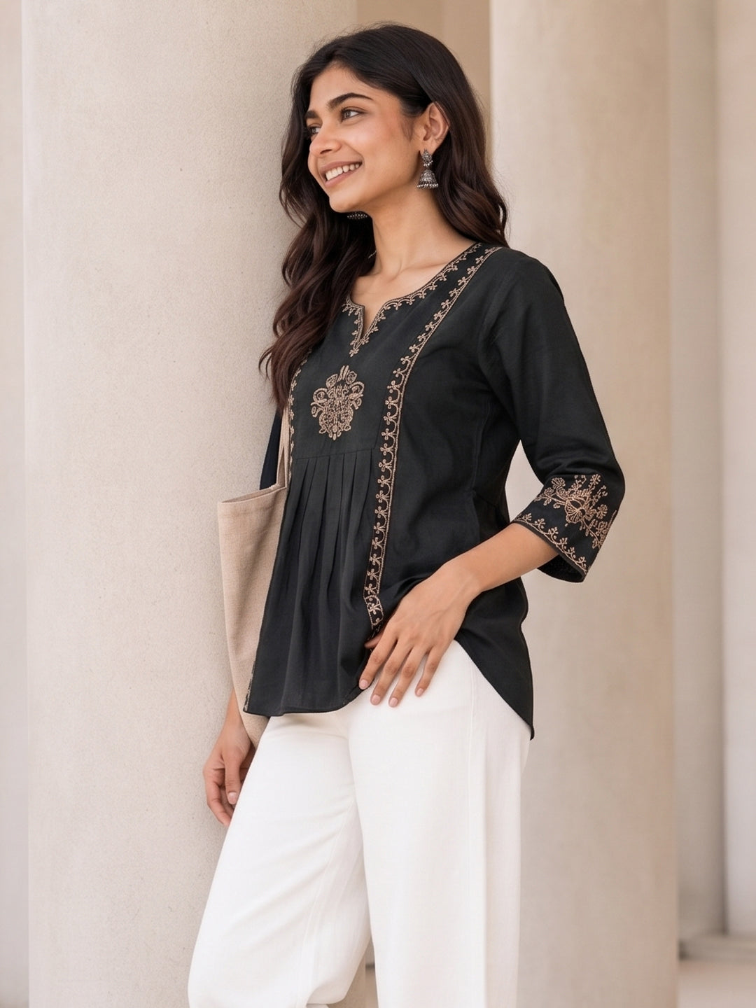 VORA LABEL Women Viscose Rayon Embroidered Regular Fit Peplum Top - Black