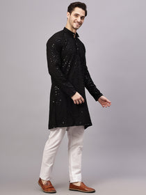 VORA LABEL Men Rayon Schiffli Chikankari Embroidered Long Kurta Set - Yellow