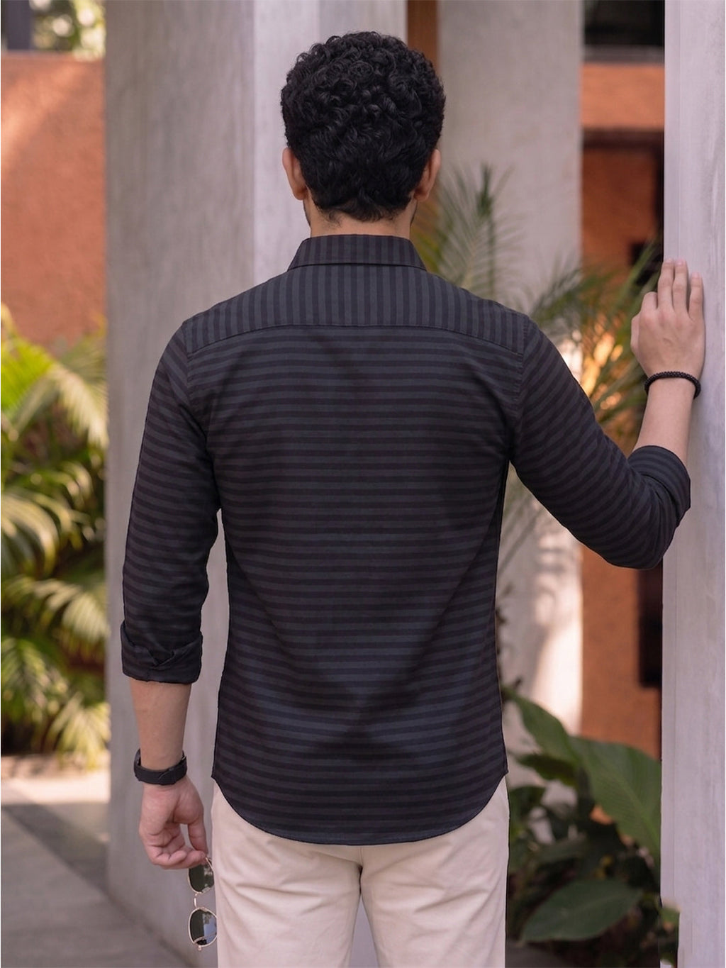 VORA LABEL Men Denim Striped Slim Fit Casual Shirt - Black