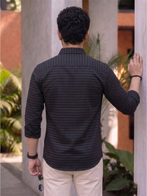 VORA LABEL Men Denim Striped Slim Fit Casual Shirt - Black