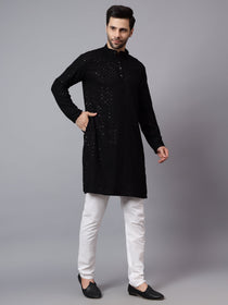 VORA LABEL Men Rayon Schiffli Chikankari Embroidered Long Kurta Set - Red