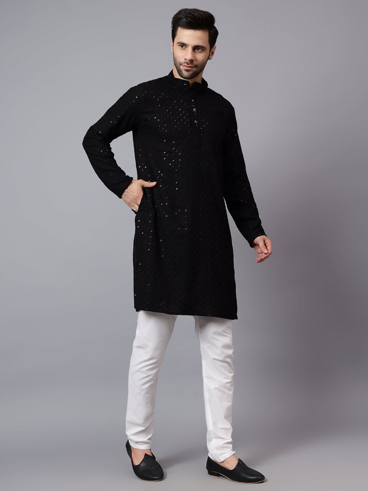VORA LABEL Men Rayon Schiffli Chikankari Embroidered Long Kurta Set - Red