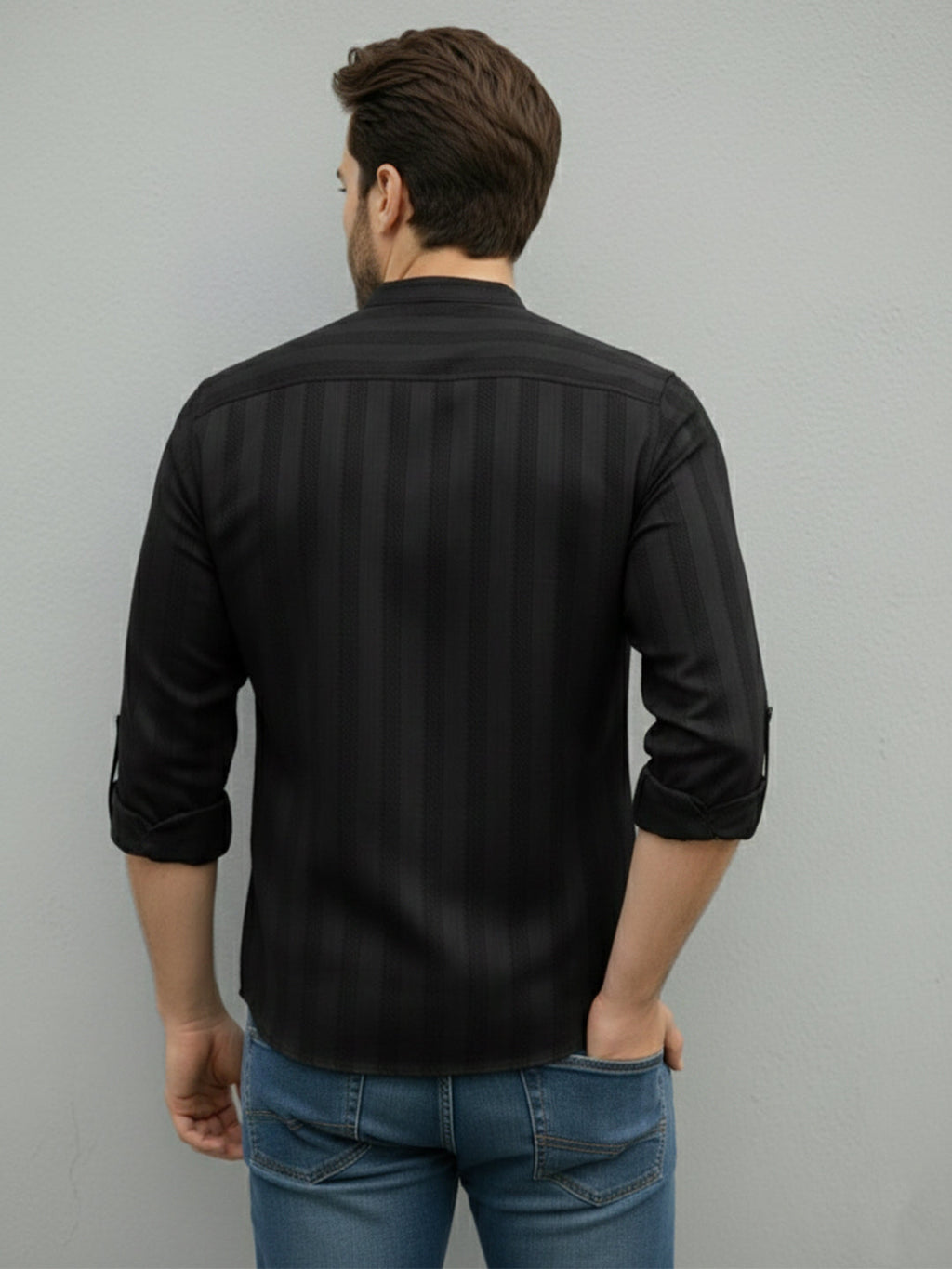 VORA LABEL Men Cotton Striped Relaxed Fit Short Kurta - Black