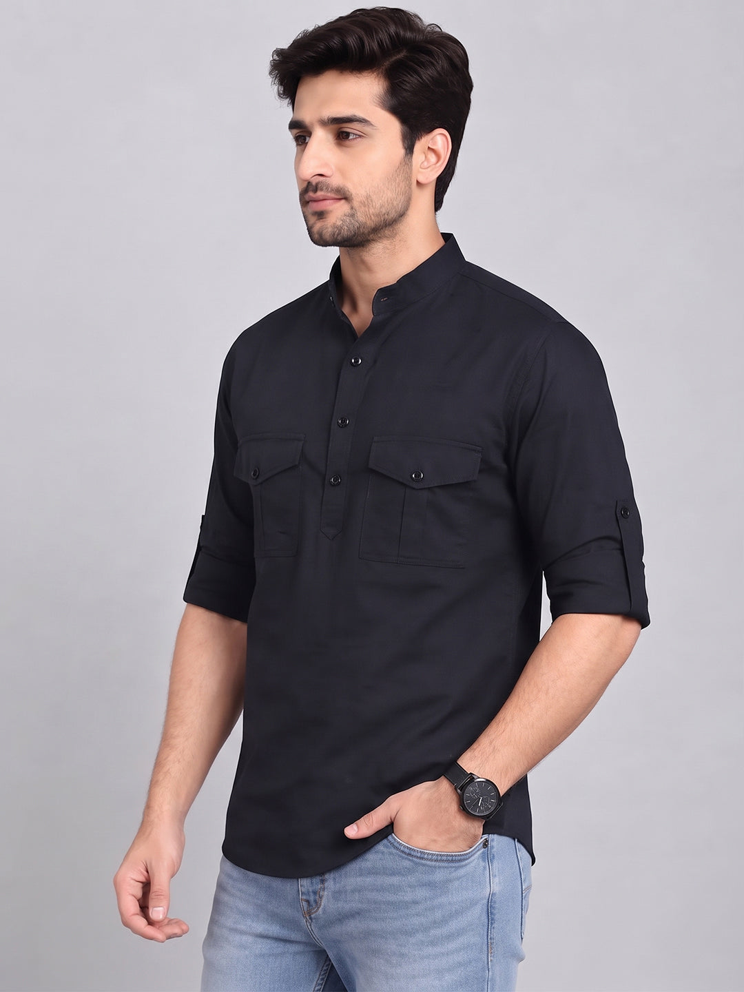 VORA LABEL Men’s Pure Cotton Solid Mandarin Collar Kurta | Full Sleeves with Roll-Up Tab | Casual & Smart Casual Wear