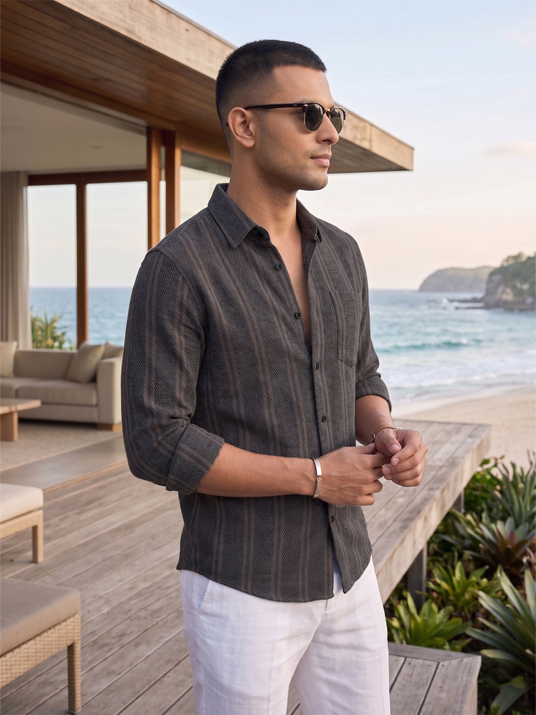 VORA LABEL Men Cotton Striped Regular Fit Spread Collar Casual Shirt - Black