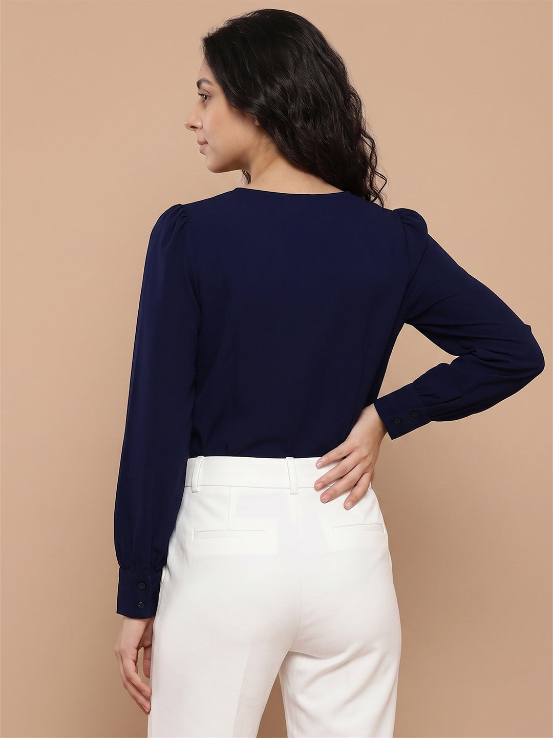 VORA LABEL Women's Premium Navy Blue Crepe V-Neck Top with Full Sleeves | Elegant Formal & Casual Wear Blouse Secondary image