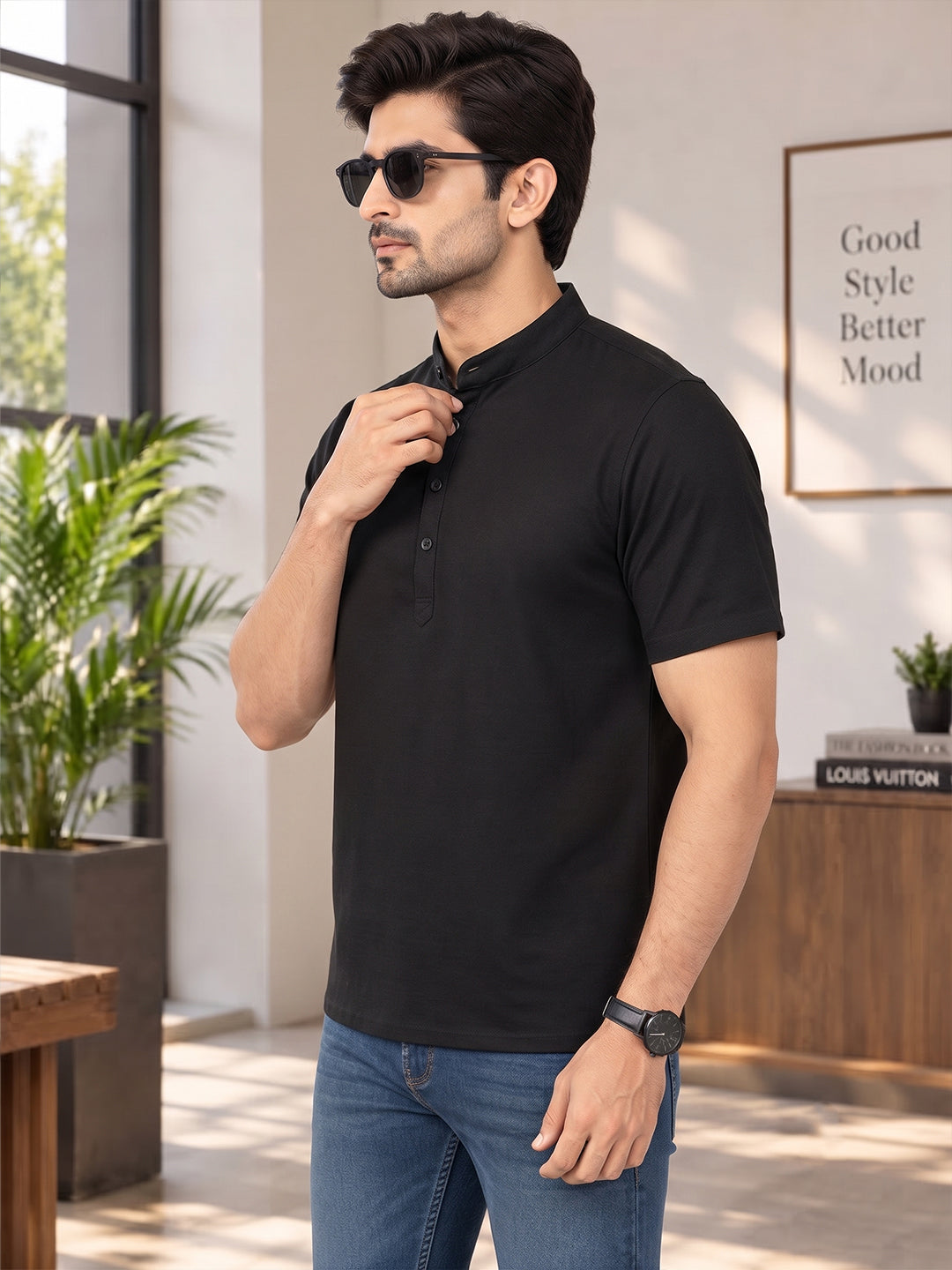VORA LABEL Men’s Cotton Blend Mandarin Collar Half Kurta | Short Sleeve Solid Casual Wear