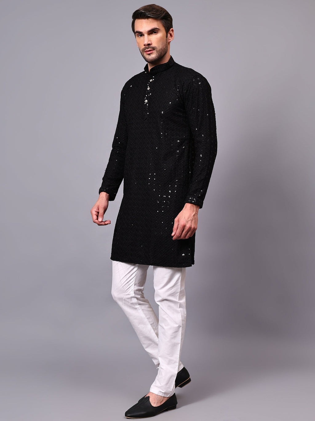 VORA LABEL Men Rayon Schiffli Chikankari Floral Printed Long Kurta Set - Pista