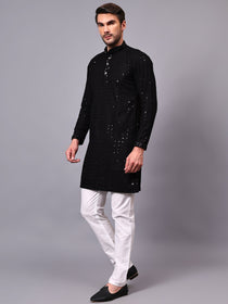 VORA LABEL Men Rayon Schiffli Chikankari Floral Printed Long Kurta Set - Pista
