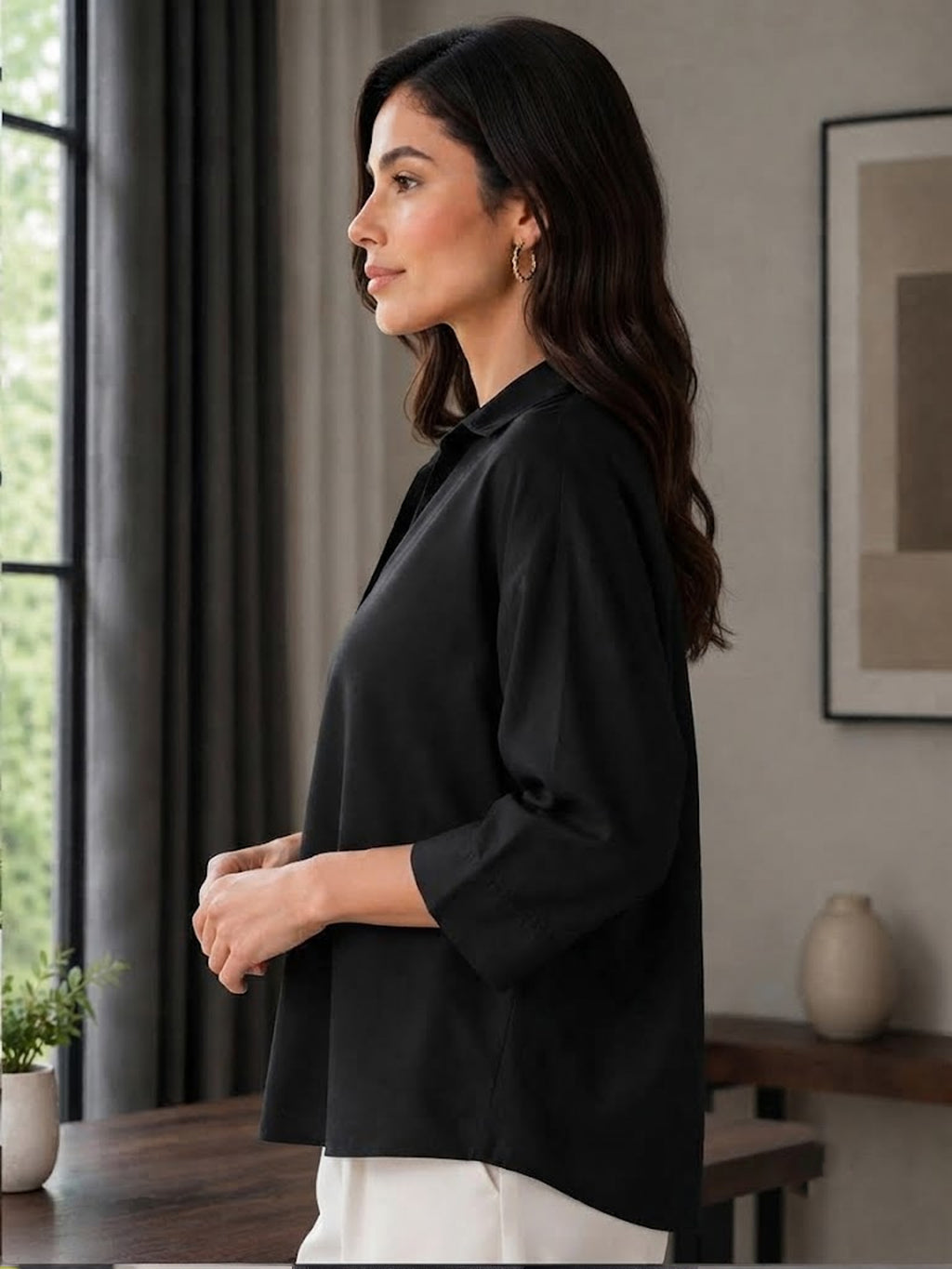 VORA LABEL Women’s Black Viscose Shirt Style Top | Collared Neck Full Sleeve Relaxed Fit Tunic | Elegant Casual Wear