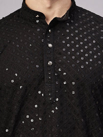 VORA LABEL Men Rayon Schiffli Chikankari Embroidered Long Kurta Set - Yellow