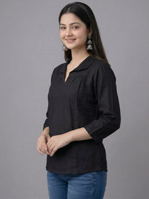 VORA LABEL Women Linen Cotton Regular Fit V Neck Top - White