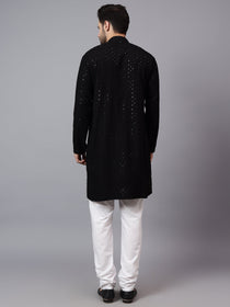VORA LABEL Men Rayon Schiffli Chikankari Embroidered Long Kurta Set - Red