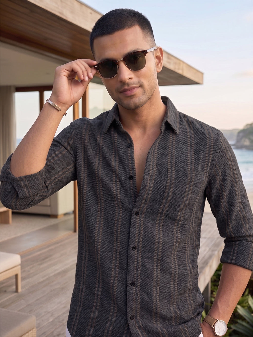 VORA LABEL Men Cotton Striped Regular Fit Spread Collar Casual Shirt - Black