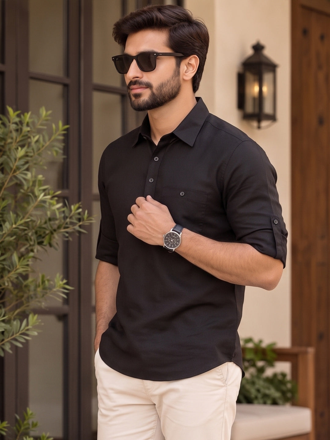 VORA LABEL Men’s Cotton Blend Solid Kurta | Mandarin Collar Full Sleeve Kurta with Pocket | Casual & Festive Wear