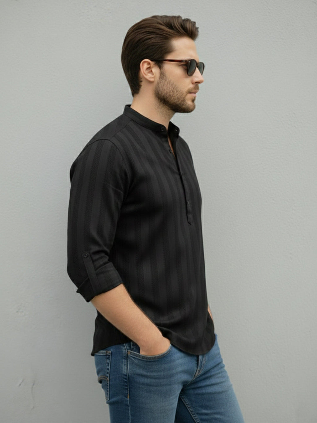 VORA LABEL Men Cotton Striped Relaxed Fit Short Kurta - Black