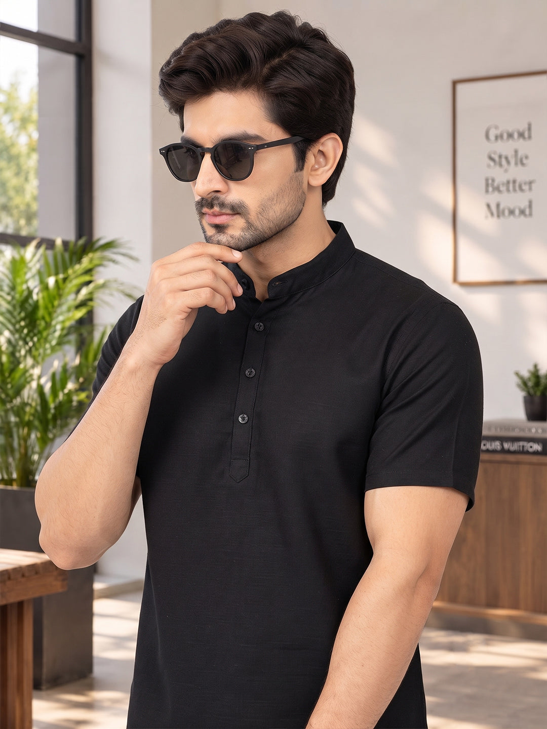 VORA LABEL Men’s Cotton Blend Mandarin Collar Half Kurta | Short Sleeve Solid Casual Wear