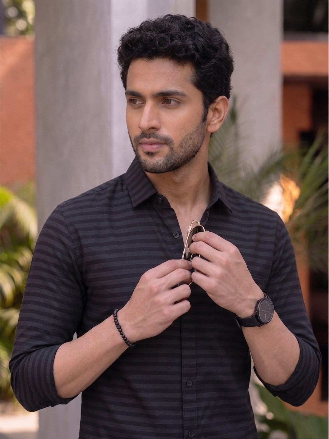 VORA LABEL Men Denim Striped Slim Fit Casual Shirt - Black