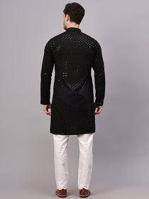 VORA LABEL Men Rayon Schiffli Chikankari Embroidered Long Kurta Set - Yellow