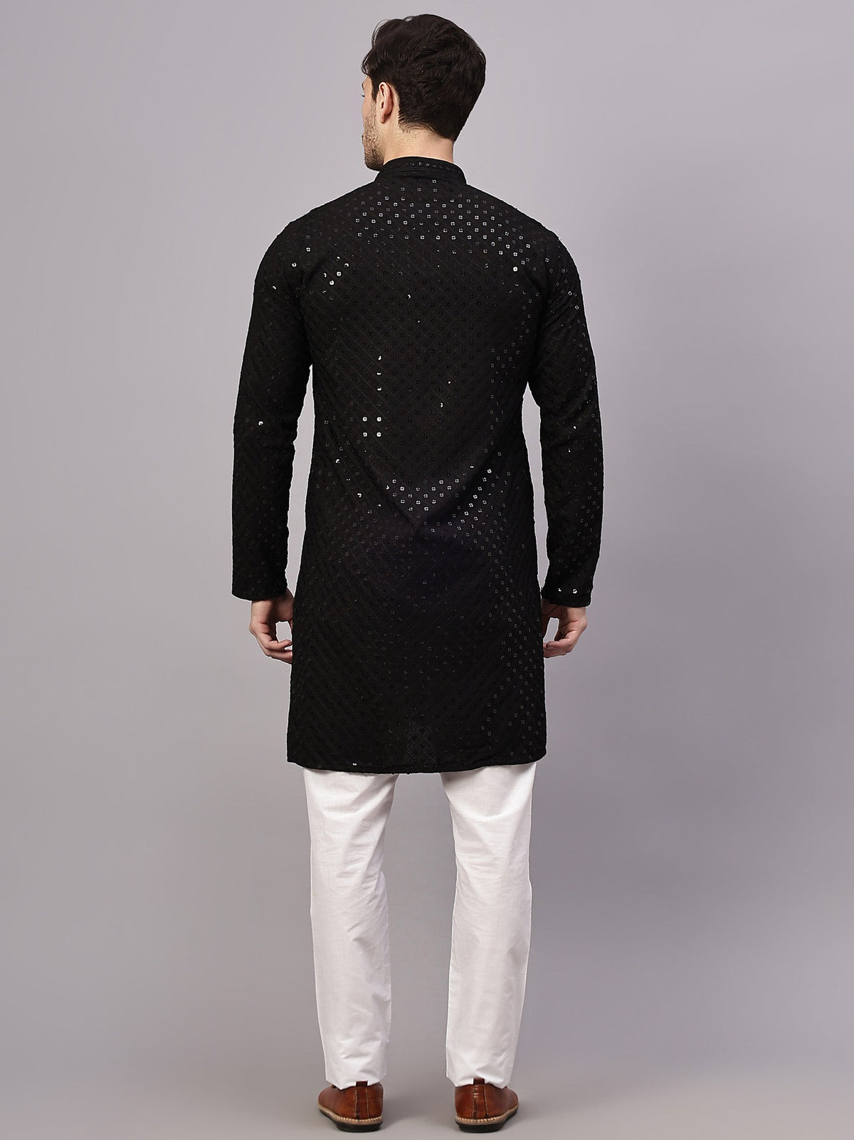 VORA LABEL Men Rayon Schiffli Chikankari Embroidered Long Kurta Set - Yellow