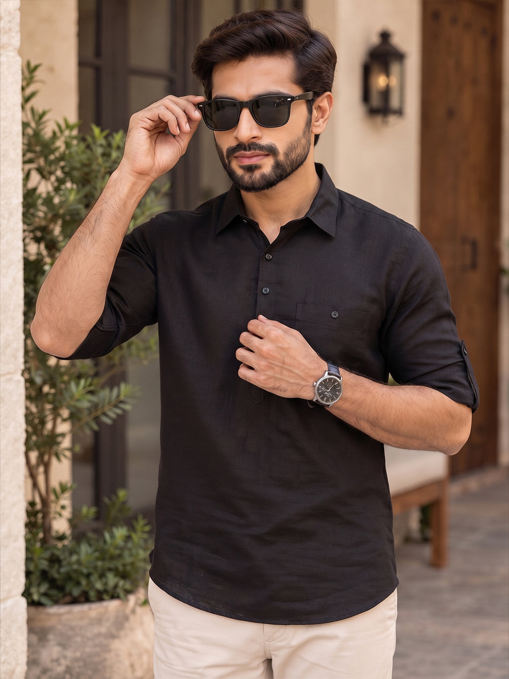 VORA LABEL Men’s Cotton Blend Solid Kurta | Mandarin Collar Full Sleeve Kurta with Pocket | Casual & Festive Wear