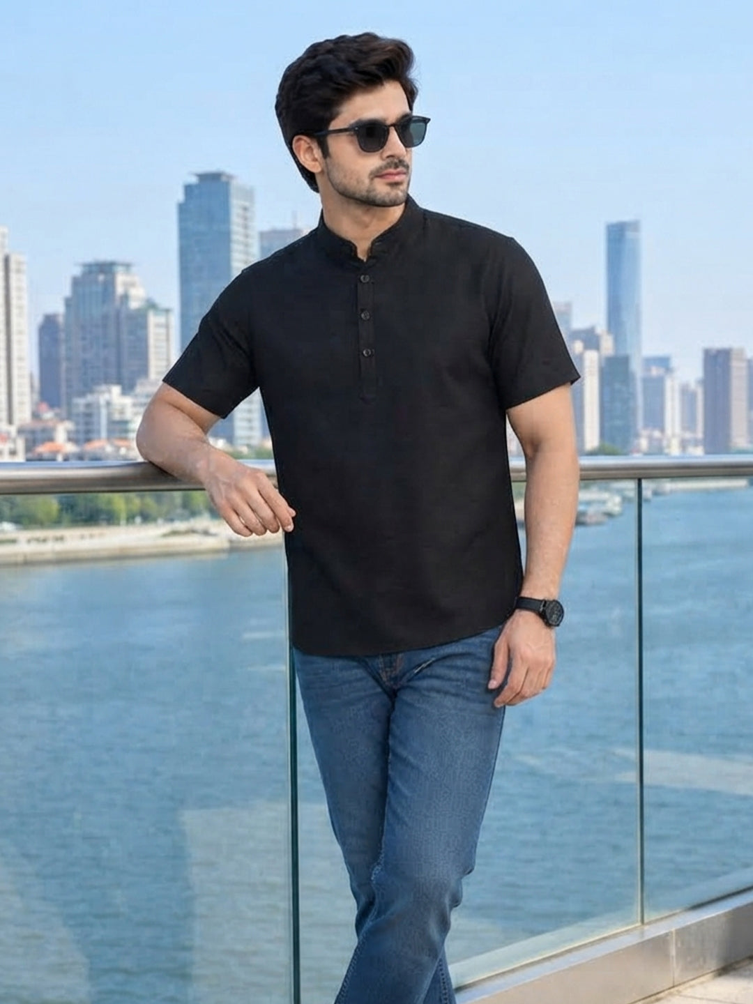 VORA LABEL Men’s Cotton Blend Mandarin Collar Half Kurta | Short Sleeve Solid Casual Wear