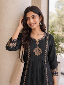 VORA LABEL Women Viscose Rayon Embroidered Regular Fit Peplum Top - Black