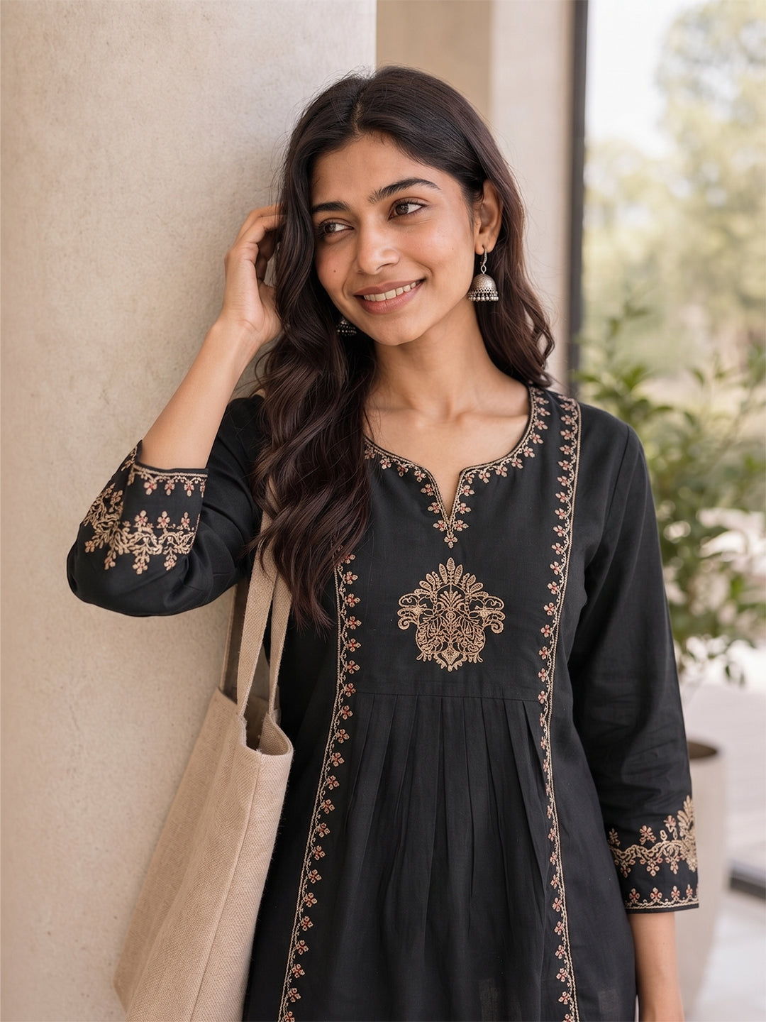 VORA LABEL Women Viscose Rayon Embroidered Regular Fit Peplum Top - Black