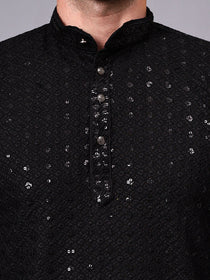 VORA LABEL Men Rayon Schiffli Chikankari Floral Printed Long Kurta Set - Pista