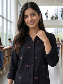 VORA LABEL Women Denim Floral Printed Embroidered Shirt - Black