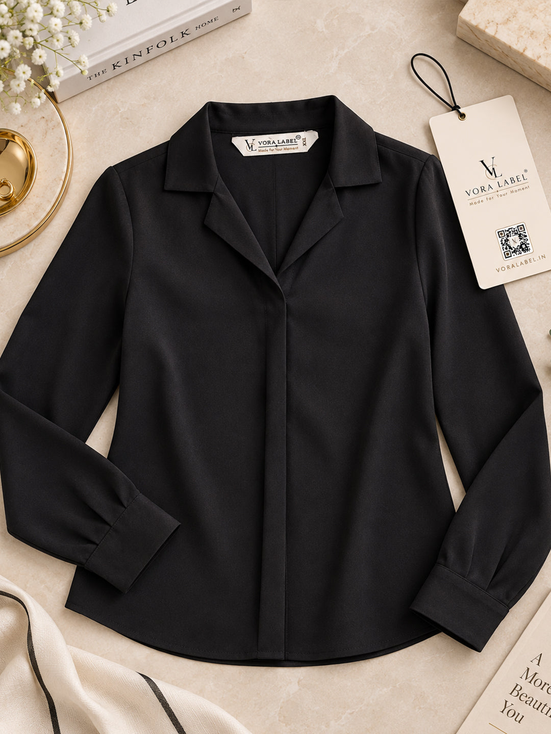 VORA LABEL Women's Black Crepe Shirt | Elegant Full Sleeve Collared Top for Women
