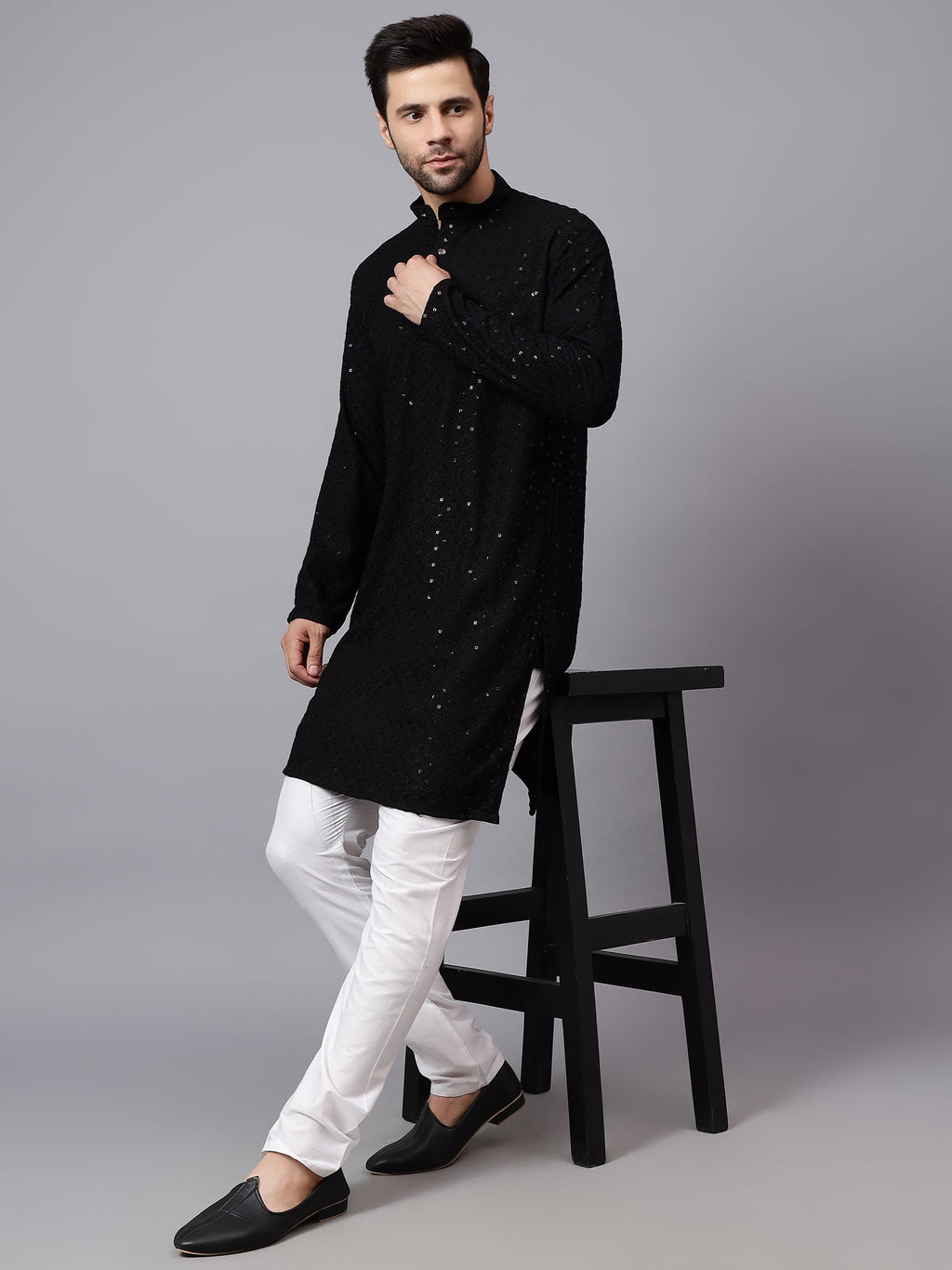 VORA LABEL Men Rayon Schiffli Chikankari Embroidered Long Kurta Set - Red