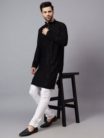 VORA LABEL Men Rayon Schiffli Chikankari Embroidered Long Kurta Set - Red