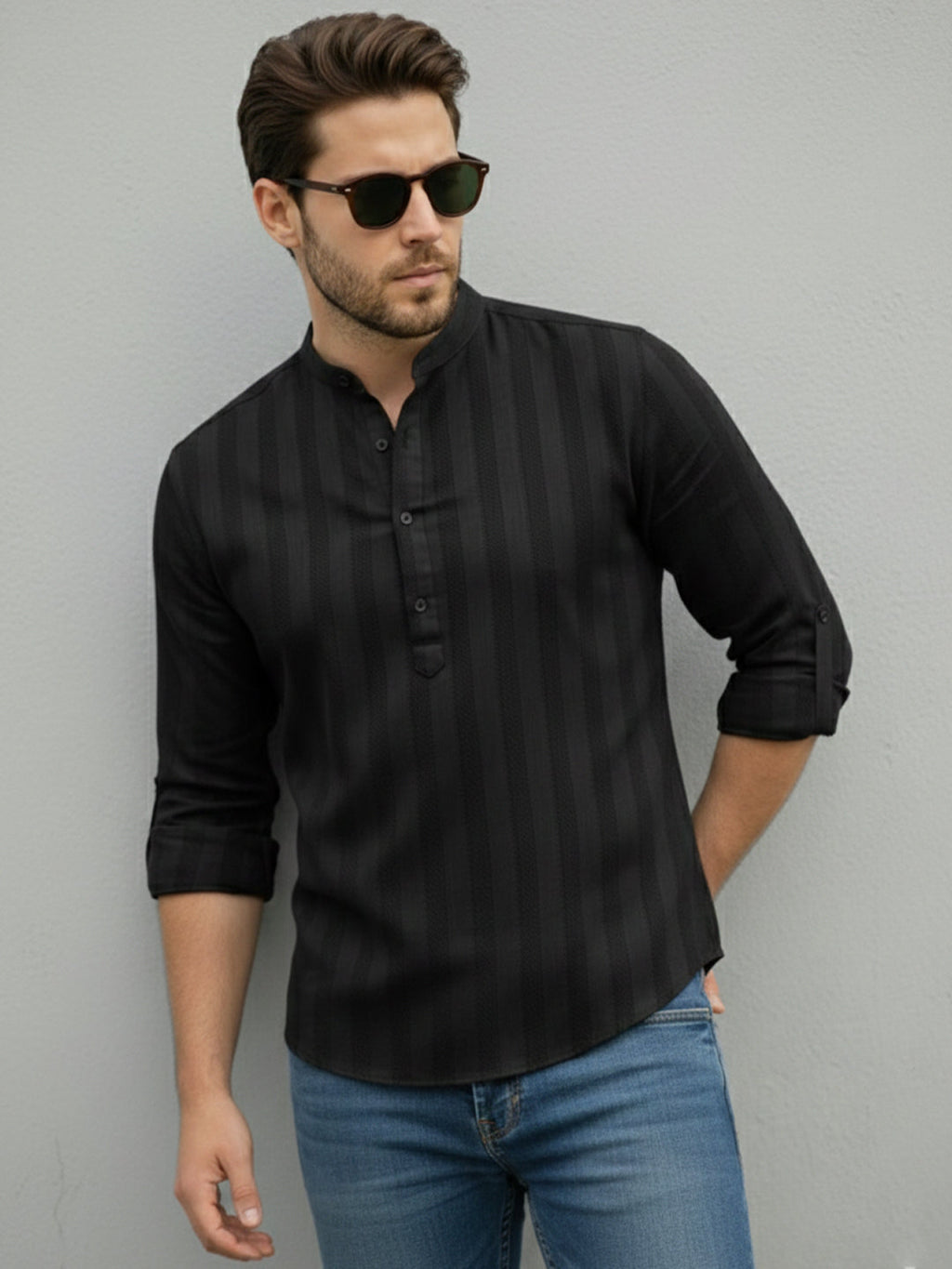 VORA LABEL Men Cotton Striped Relaxed Fit Short Kurta - Black