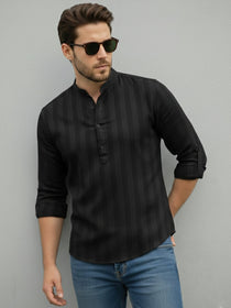 VORA LABEL Men Cotton Striped Relaxed Fit Short Kurta - Black