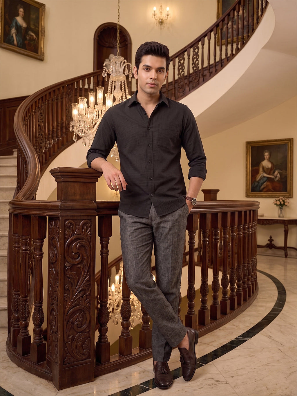 VORA LABEL Men Cotton Solid Regular Fit Spread Collar Full Sleeve Casual Shirt - Black