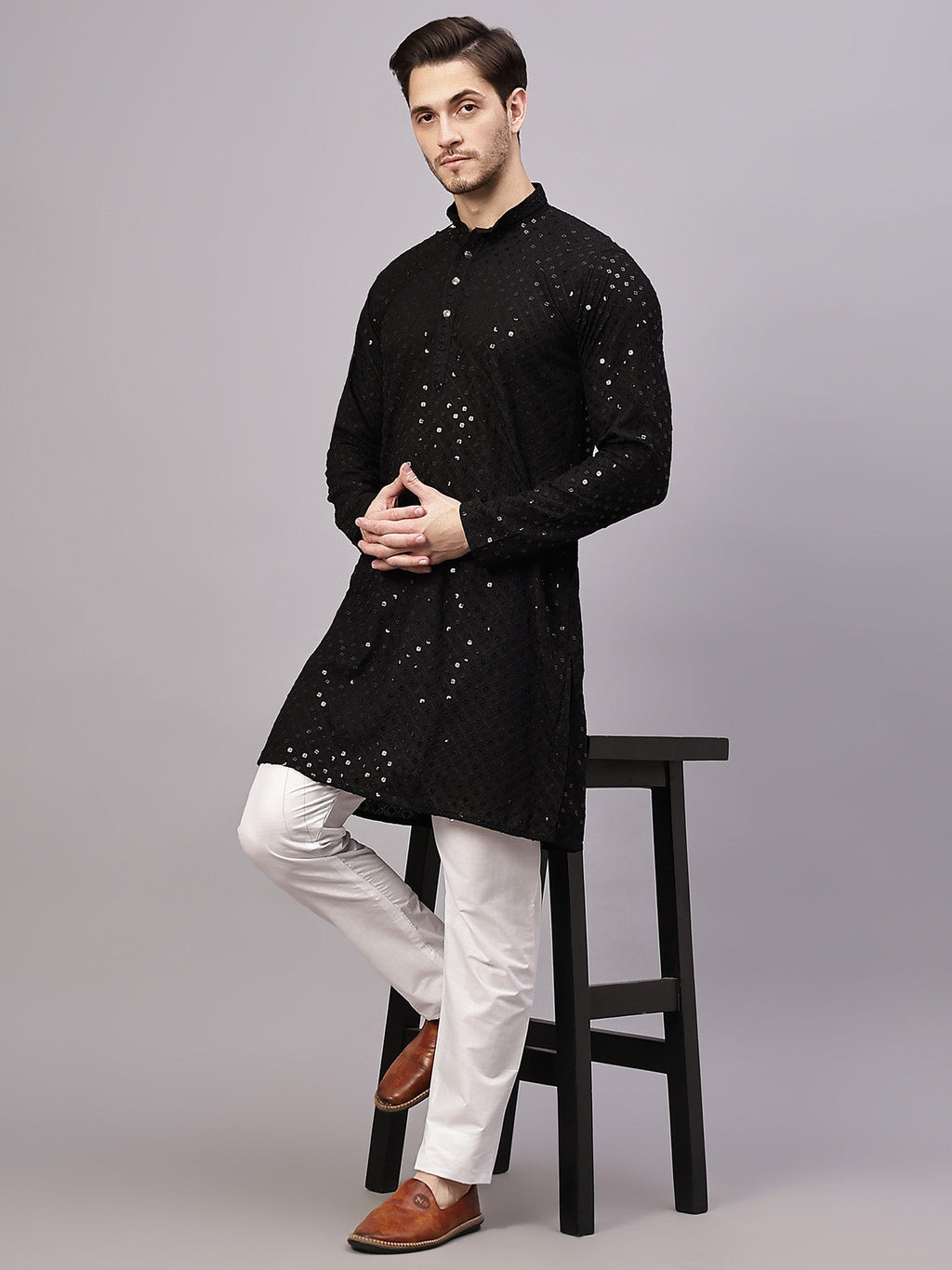 VORA LABEL Men Rayon Schiffli Chikankari Embroidered Long Kurta Set - Yellow