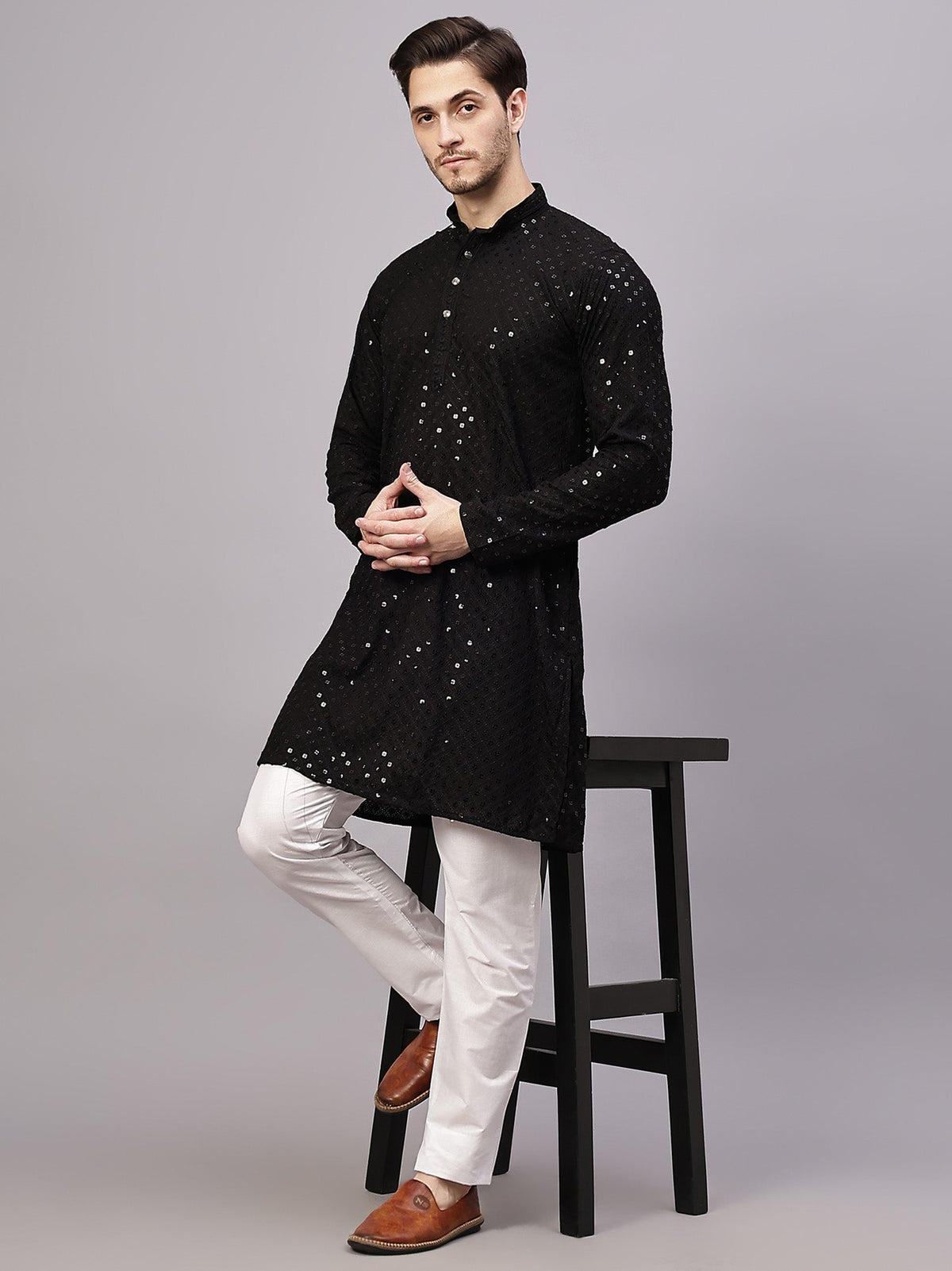 VORA LABEL Men Rayon Schiffli Chikankari Embroidered Long Kurta Set - Yellow