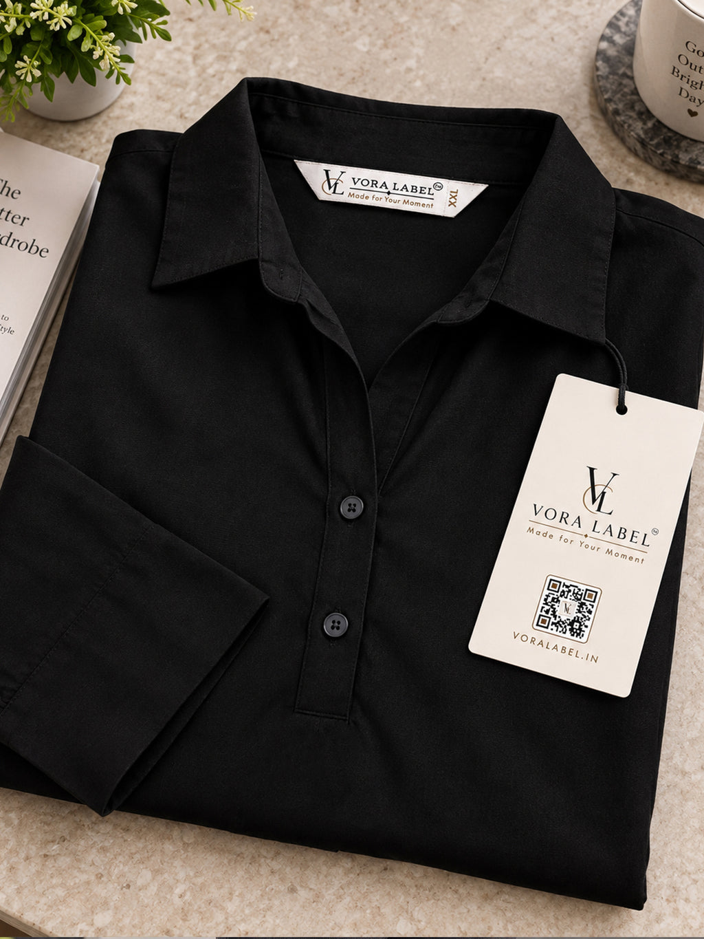 VORA LABEL Women’s Black Viscose Shirt Style Top | Collared Neck Full Sleeve Relaxed Fit Tunic | Elegant Casual Wear