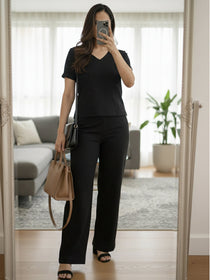 VORA LABEL Women Linen Solid Relaxed Fit Co-ord Set - Black