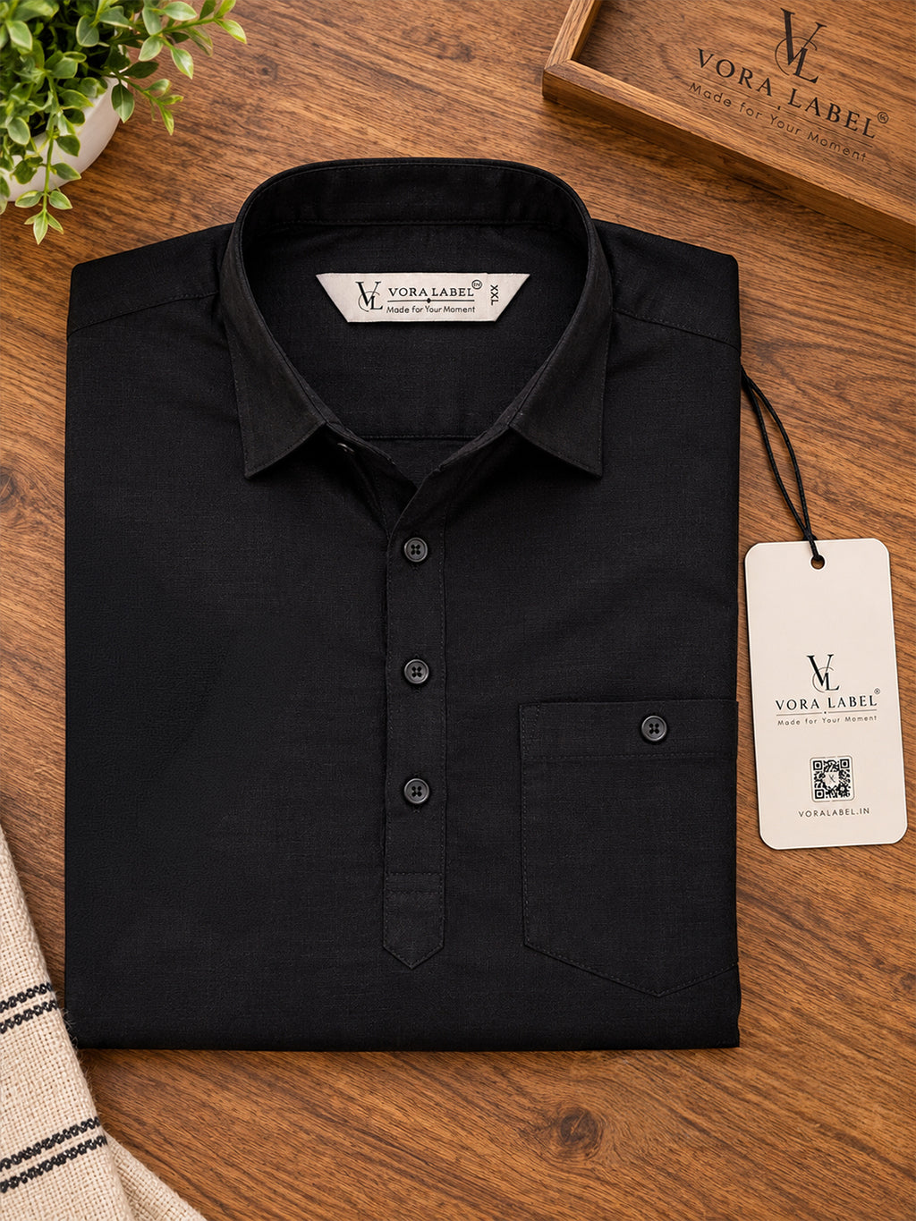 VORA LABEL Men’s Cotton Blend Solid Kurta | Mandarin Collar Full Sleeve Kurta with Pocket | Casual & Festive Wear
