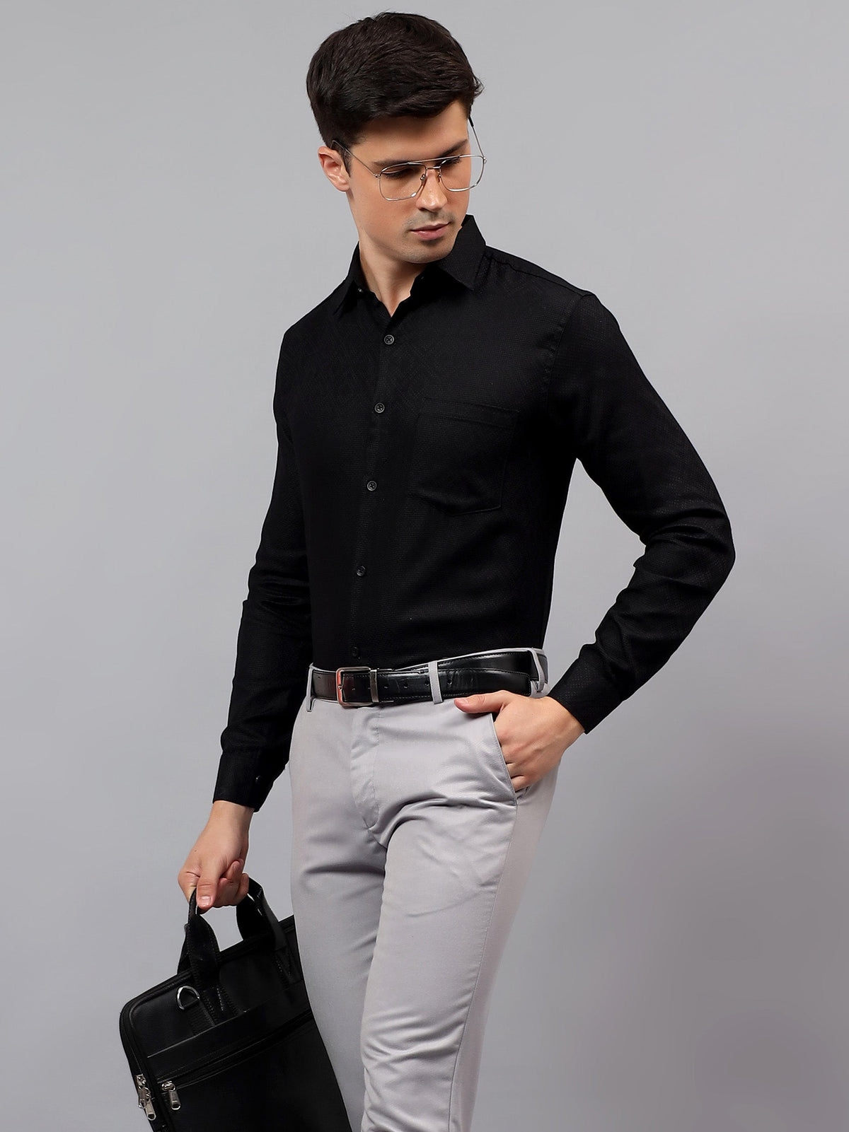VORA LABEL Men Cotton Solid Regular Fit Casual Shirt - Black